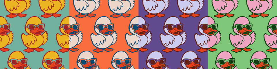 Vector collection of seamless patterns with cute groovy ducks. Retro color palettes