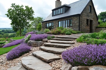 Beautiful stone cottage surrounded by vibrant lavender in a serene rural setting during a cloudy day