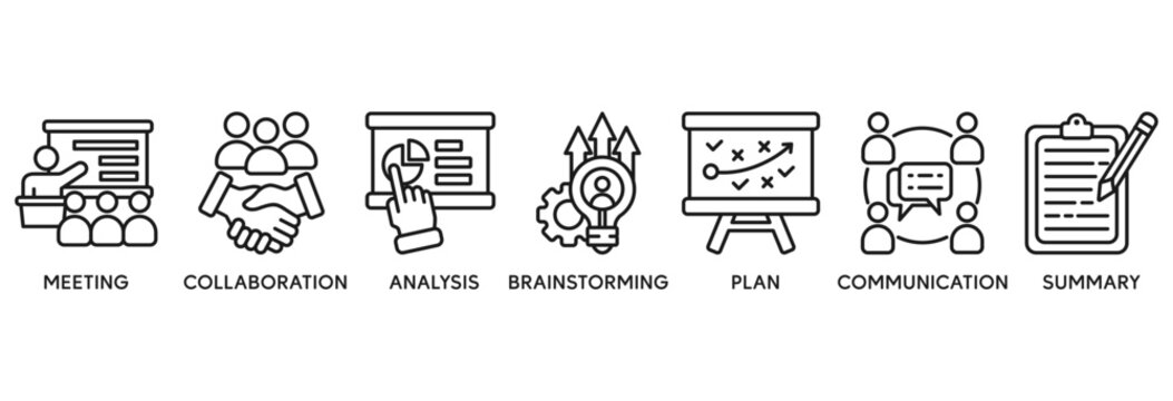 Brief icon set vector illustration concept relate to a briefing of business plan with an icon of meeting, collaboration, analysis, brainstorming, plan, communication, and summary