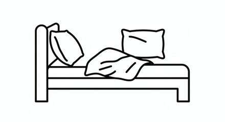Simple Line Art: Unmade Bed with Pillows and Blanket