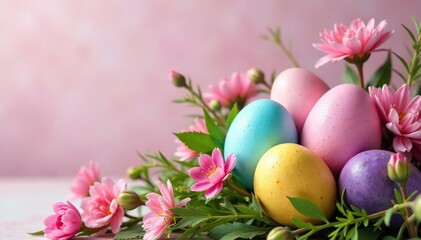 Vibrant pastel Easter eggs nestled in a spring flower arrangement ,  eggs,  cheerful