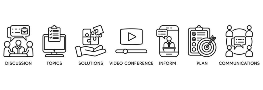 Meeting icon set vector illustration concept relate to business meeting and discussion with communications, topics, solutions, plan, inform and video conference icon
