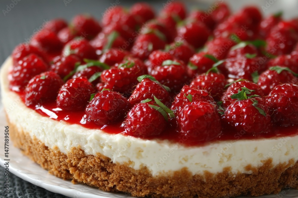 Aufkleber delicious raspberry cheesecake topped with fresh berries on a plate ready for dessert at a summer ga