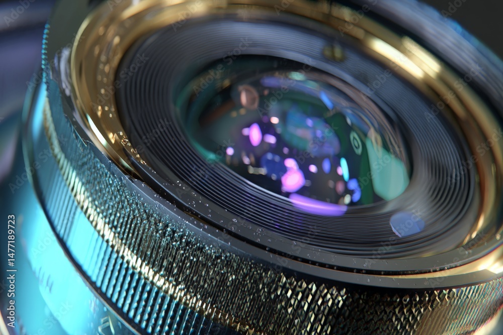 Poster Close-up view of a camera lens showcasing intricate details and reflections with vibrant colors during a photography session