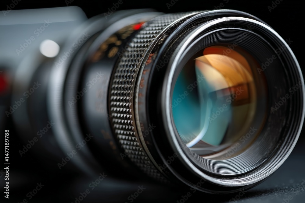 Poster detailed close-up of a vintage camera lens showcasing intricate mechanics and design in a dimly lit 