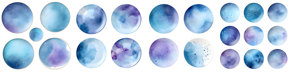 Soft, serene watercolor circles in shades of blue and purple, showcasing a harmonious blend of hues ideal for backgrounds, patterns, and artistic projects.