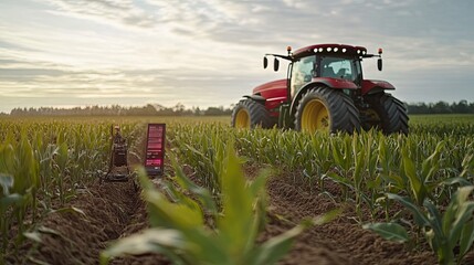 A red tractor and a robot in a field of corn under a bright sky at sunset on a farm landscape
