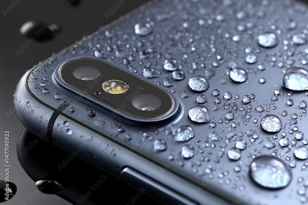 Poster Close-up view of a smartphone with water droplets on its surface in a reflective setting