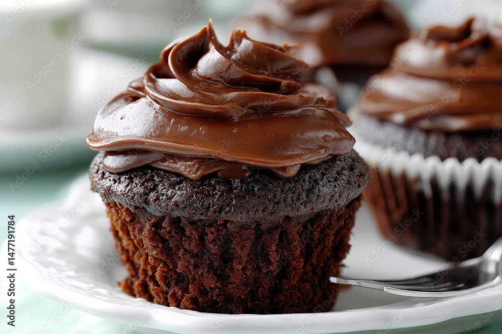 Aufkleber homemade chocolate cupcakes with rich frosting displayed on a plate in a cozy kitchen setting