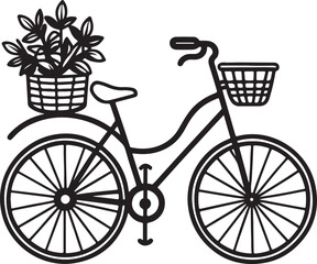 Two classic floral bicycles are drawn in a minimal black-and-white style, perfect for spring love concepts and eco-lifestyle designs.