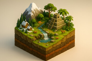 Isometric nature island with campsite, mountain, and waterfall