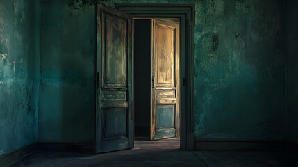 The Doorway of Mysteries: An open wooden door set against a darkened room, casting an eerie glow as the light suggests untold stories and secrets.