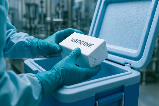Vaccine package is carefully handled with gloves inside cold storage box at vaccine production facility ensuring safe transport and storage