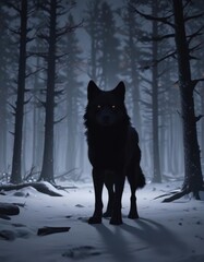 Obraz premium Silhouetted wolf, desolate winter forest, night , serene, dark