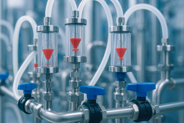 Clear flow meters with red indicators and blue valve handles are part of vaccine production facility stainless steel piping system ensuring