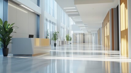 Fototapeta premium Modern bright office hallway with reception desk and plants.