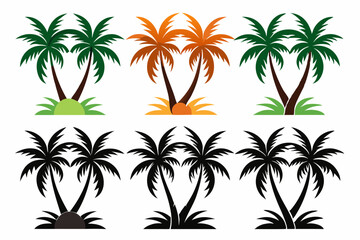 Obraz premium Set of vector silhouettes of coconut tree and palm logo isolated on a white background 