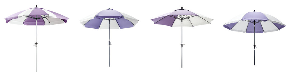 Vibrant purple and white beach umbrellas showcasing elegant designs, perfect for outdoor relaxation and summer enjoyment, providing shade and style to enhance any seaside experience