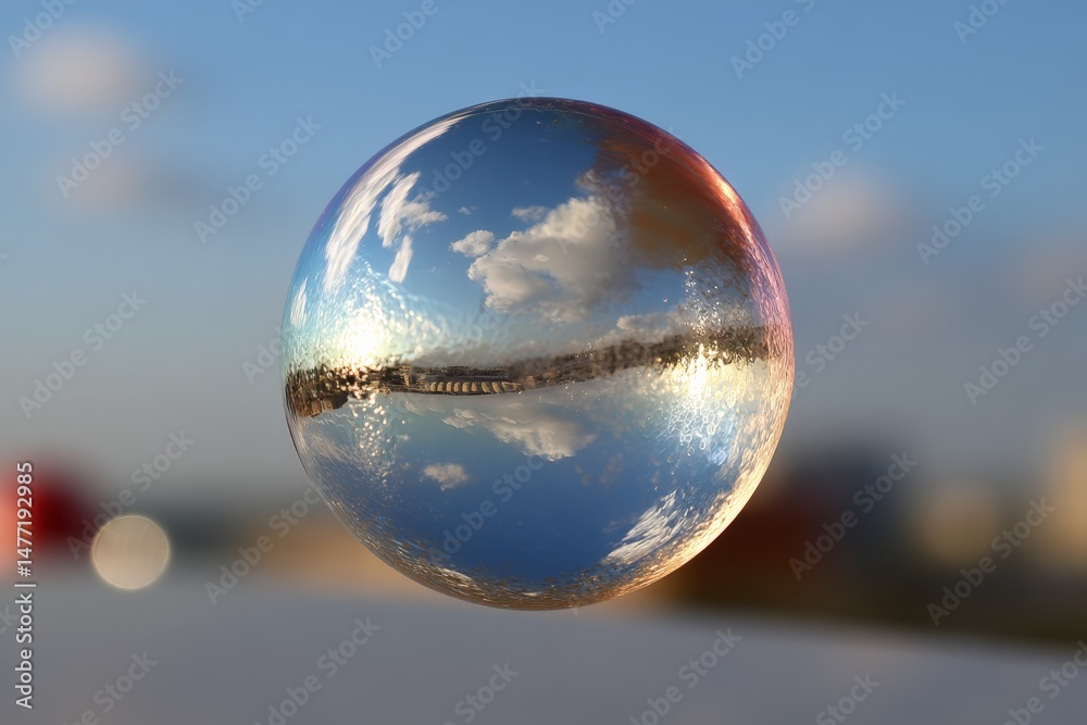 Poster reflection of a cloudy sky and landscape in a translucent bubble against a clear blue backdrop durin