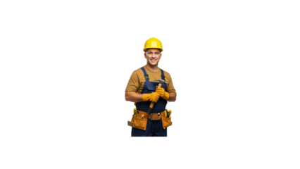 Construction worker handyman with hammer safety gear looking at camera smiling confident professional job on transparent background