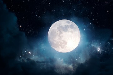 A luminous full moon floats over a sea of twinkling stars, filling the sky with magic and gentle, ethereal radiance.