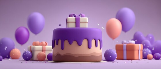 Festive Birthday Cake with Presents and Balloons Delightful Purple Theme