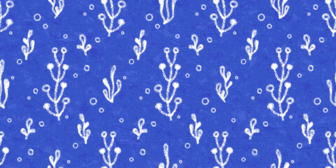 Blue seamless pattern with sea coral, plants and bubbles drawn with chalk pencils. Textured background with white underwater marine reef elements, doodle icons of ocean seaweed. Vector illustration