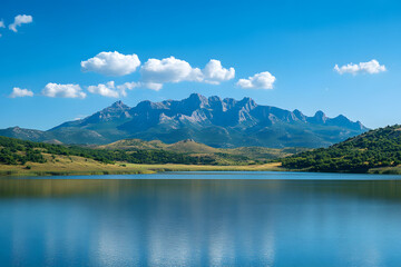 Surreal landscape  - with mountains defying gravity above a tranquil lake's mirror-like surface blue background