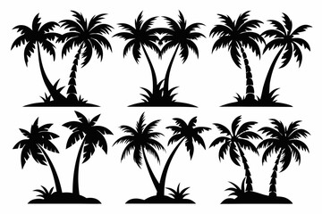 Fototapeta premium Set of vector silhouettes of coconut tree and palm logo isolated on a white background 