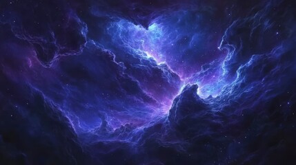 Naklejka premium Vibrant nebula with blue and purple cosmic clouds, stars, and glowing gas.