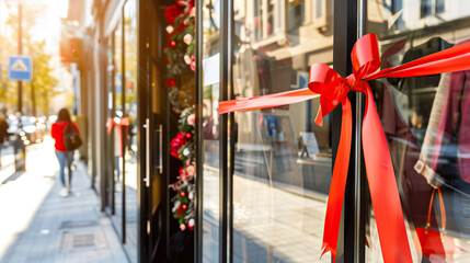 Grand opening of a modern boutique with red ribbon cutting ceremony, clean glass storefront and minimalist decor with copy space. New business launch, retail shop concept, luxury shopping experience a