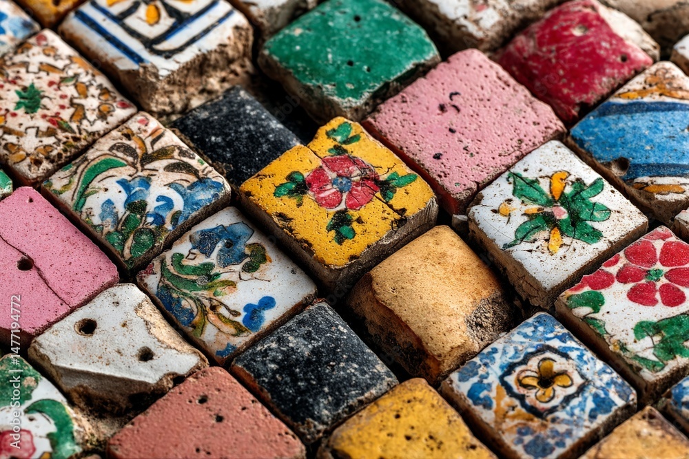 Aufkleber Intricate patterns of colorful ceramic tiles arranged artistically on a surface during daylight