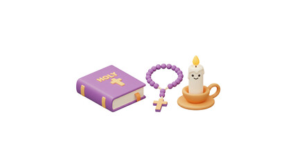 Religious items still life: holy bible, rosary beads, and candle illustration for prayer time faith on transparent background
