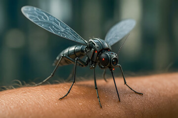 Close-up of mosquito on skin with fine hair details