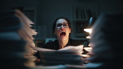 Woman screams surrounded by stacks of papers under a lamp in a dark room.