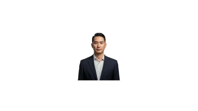 Professional asian businessman portrait in dark suit for corporate headshot photography and business profile image on transparent background
