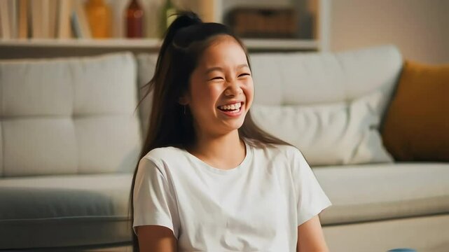 Petite teen laughing alone in a sunlit living room