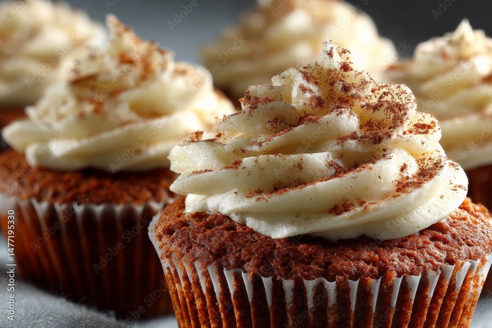 Poster delicious cupcakes with creamy frosting on display at a bakery during afternoon hours