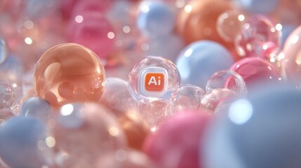 Adobe Illustrator Ai logo nestled amongst pastel transparent spheres Abstract design concept