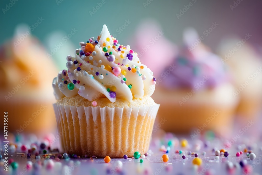 Poster colorful cupcakes on a table at a festive gathering with sprinkles and creamy frosting in soft focus