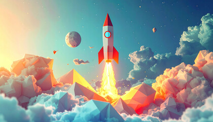 Fototapeta premium Stunning Low Poly Rocket Launching into Space: Digital Art