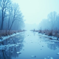 A frozen river lined with bare trees and frosty grasses stretches into the foggy, tranquil winter landscape.
