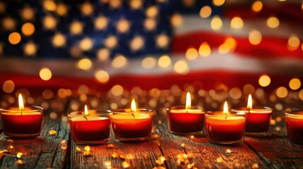 Glowing candles on wooden surface with soft background lights and american flag