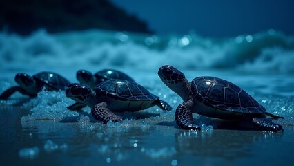 The swimming scene of sea turtles in the water