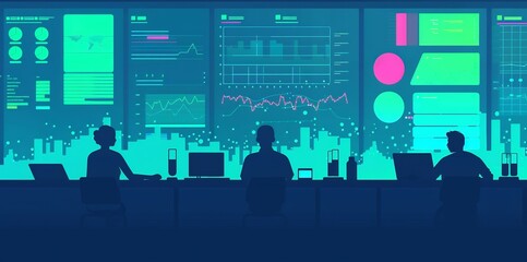 Interdisciplinary team of researchers collaborating on a clinical trial surrounded by patient data and innovative tools