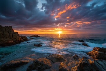 Ocean waves gently caress the shore as the vibrant sunset casts a golden hue over the tranquil seascape, reflecting nature's unspoken beauty.