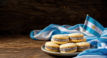 Plate of Traditional Argentinian Alfajores Round Cookies with Dulce de Leche Filling, Argentine Flag Decorations and Wooden Surface Background 