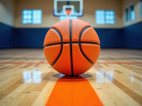 A basketball sits on a polished indoor court, centered on the free throw line, with a hoop visible in the background.