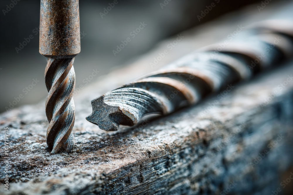 Poster close-up of vintage drilling tools on a wooden surface showcasing intricate details and craftsmanshi