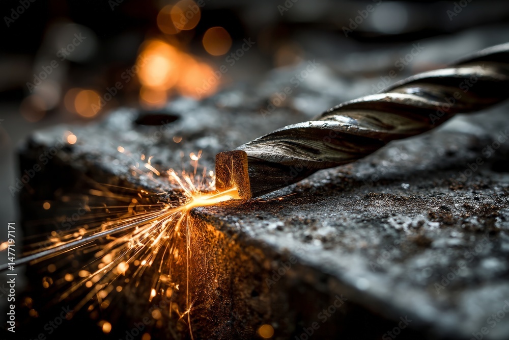 Aufkleber Drill bit creating sparks during metalworking process in workshop environment